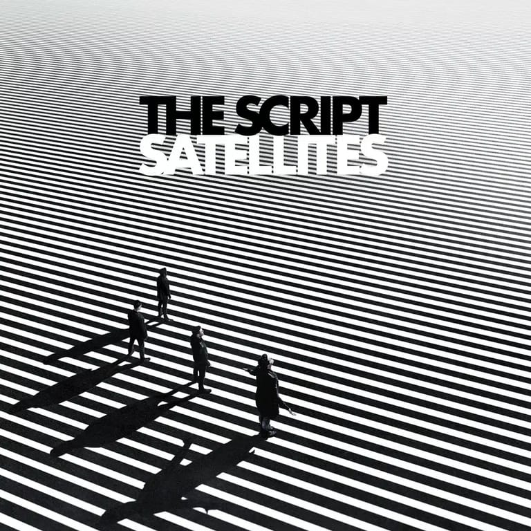 Two figures cast long shadows across bold black and white striped pavement beneath "The Script Satellites" text.