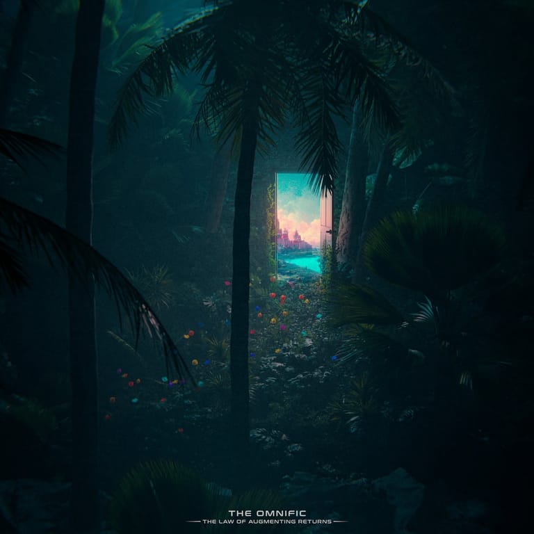 Tropical palm trees frame a glowing turquoise lagoon visible through dense dark foliage at dusk.