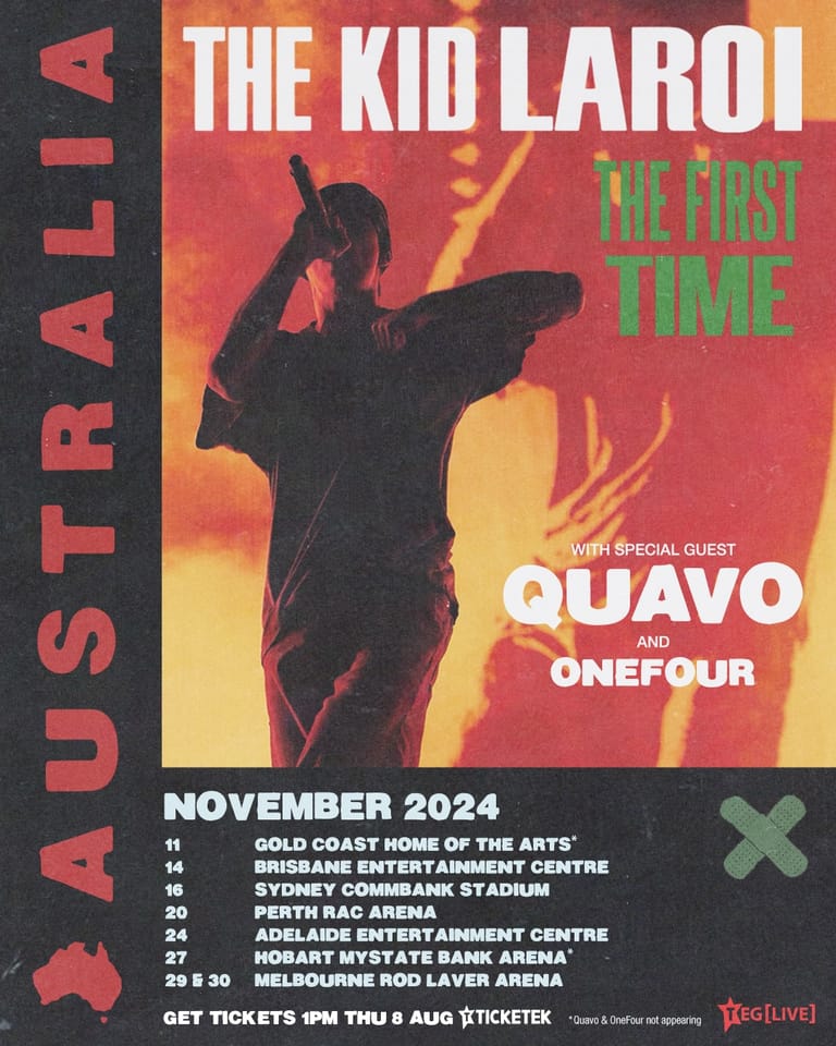 The Kid LAROI stands in silhouette against a warm red and yellow gradient background on a concert tour poster for November 2024.