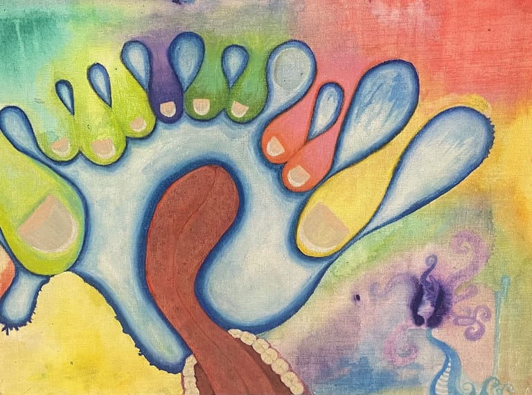Colourful abstract artwork featuring organic, flowing shapes in blue, red, yellow and green with textured brushwork.
