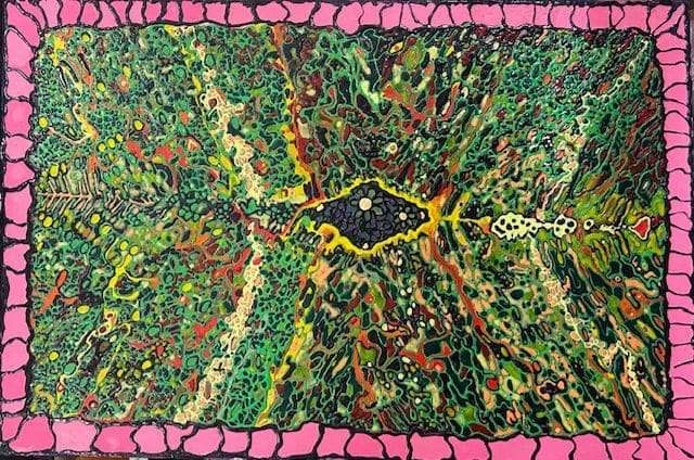Abstract artwork with radiating yellow and green lines on dark background, framed by bright pink border.