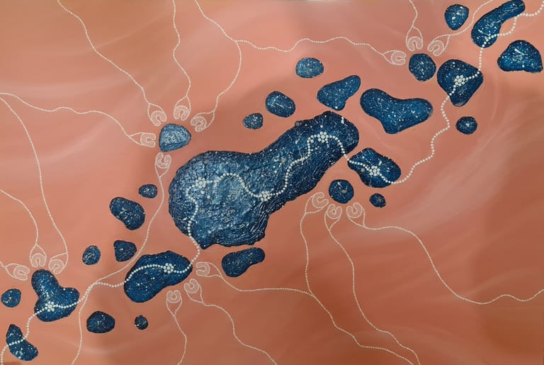 Aerial view of scattered dark blue water bodies amid rust-coloured terrain with pale connecting lines.
