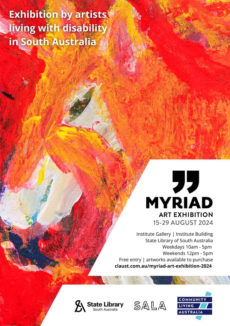 Vibrant abstract painting in red, orange, and yellow tones with white gestural marks, promoting Myriad Art Exhibition.
