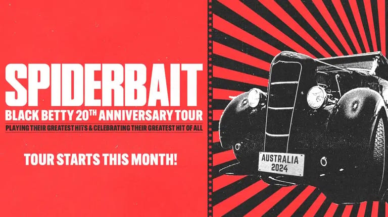 Spiderbait Black Betty 20th Anniversary Tour promotional poster featuring a vintage black car against a red and black striped background.