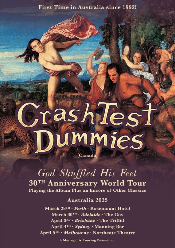 Crash Test Dummies tour poster featuring classical artwork with cherubs and the band name, promoting their 30th anniversary world tour across Australian cities in March and April 2025.