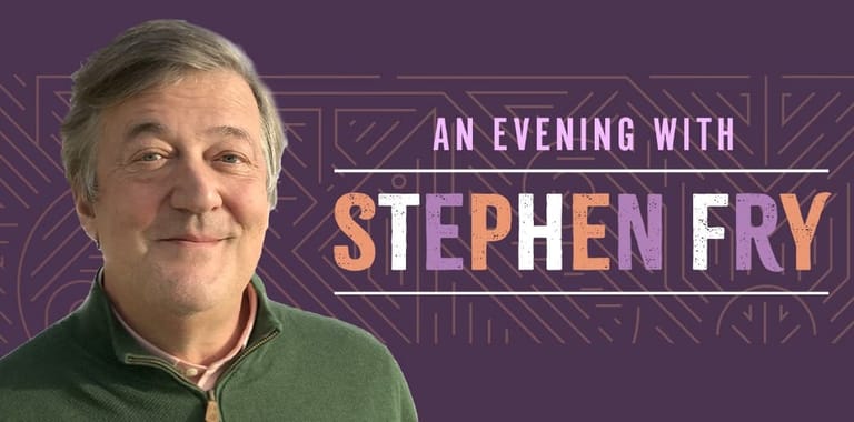 Man in green shirt smiles at camera beside text reading "An Evening with Stephen Fry" on purple background.