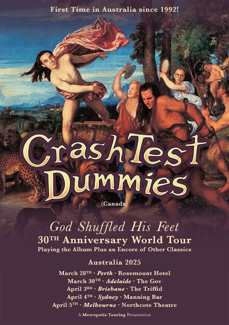 Crash Test Dummies tour poster featuring classical artwork of cherubs and figures with band name and 2025 Australian tour dates.