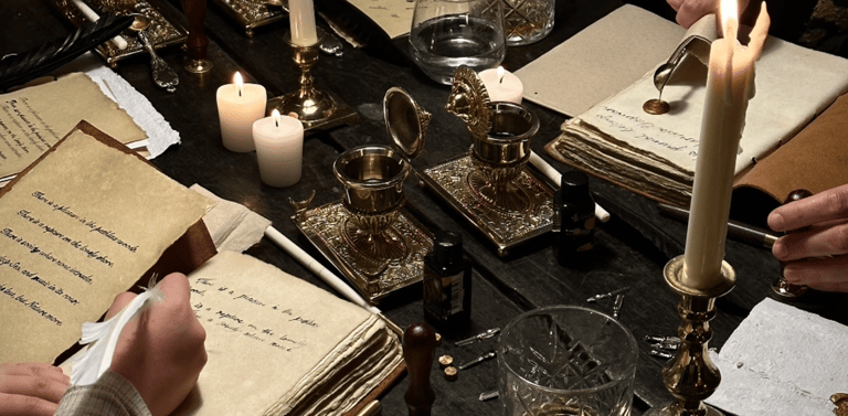 Candlelit table set with sheet music, manuscripts, and vintage candlesticks during an intimate musical gathering.