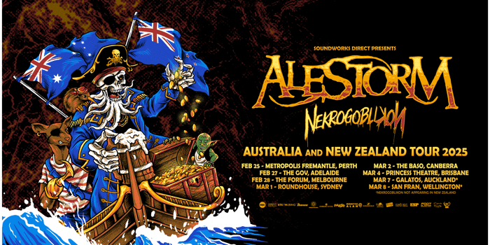 Alestorm tour poster featuring skeletal pirate character with flags and gold text on dark background.