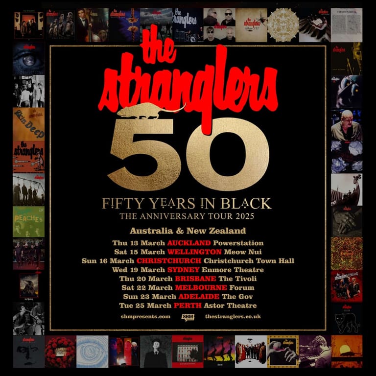 The Stranglers 50th anniversary tour poster features red text on black background surrounded by band photographs spanning five decades.