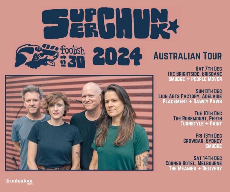 Four band members in dark shirts pose against a red striped background for Seachur's 2024 Australian tour promotional poster.