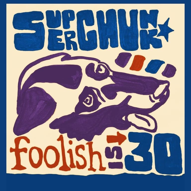 Retro poster featuring stylised purple fish and bold blue and red typography promoting Serchuk Foolish at 30.