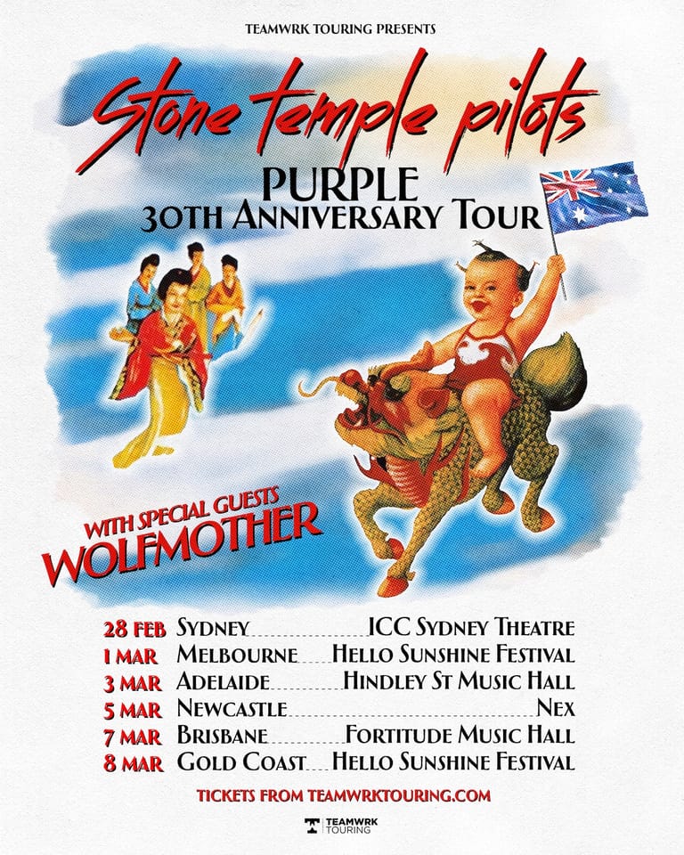 Stone Temple Pilots Purple 30th Anniversary Tour poster featuring illustrated band members and tour dates across Australian cities.