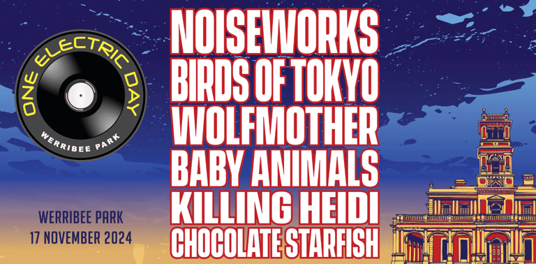 Festival poster featuring band names stacked vertically against a twilight cityscape and illuminated historic building.