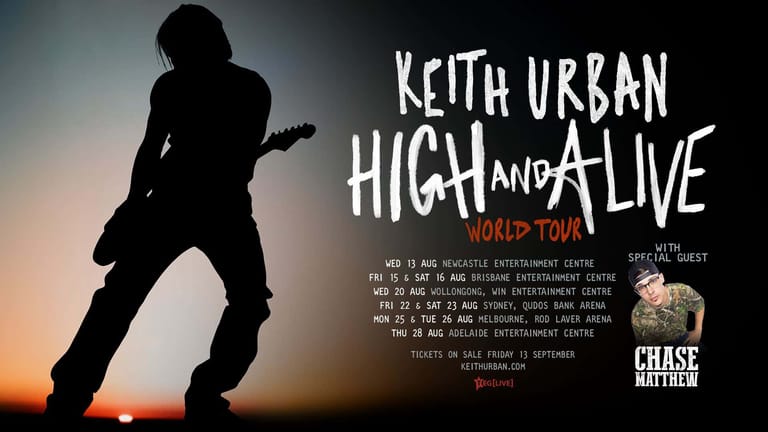 Silhouetted guitarist in dynamic pose against sunset sky during Keith Urban concert promotional image.