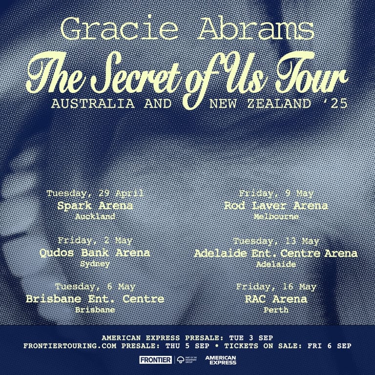 Tour poster for Gracie Abrams' "The Secret of Us Tour" displaying Australian and New Zealand dates in 2025.