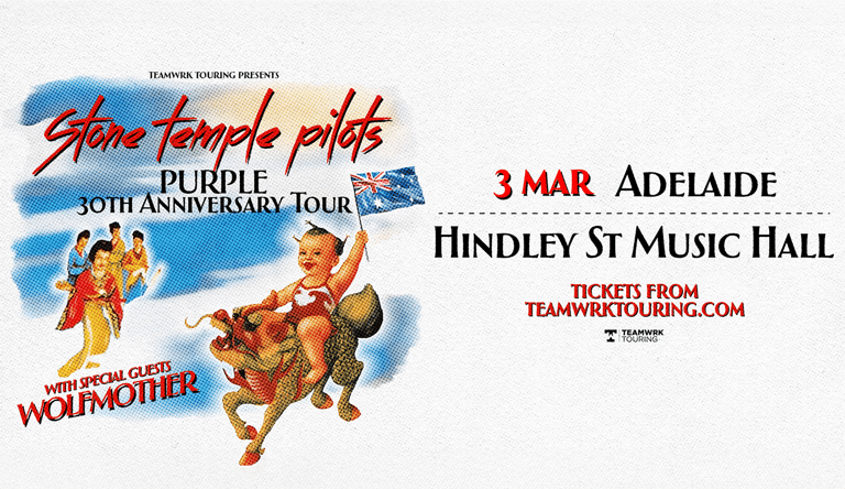 Stone Temple Pilots Purple 30th Anniversary Tour promotional poster featuring illustrated characters against blue sky backdrop.
