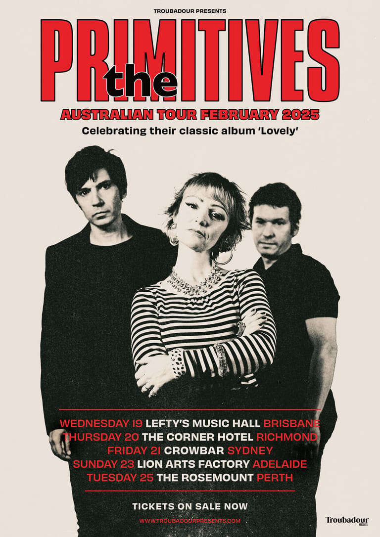 The Primitives band poster for their Australian tour in February 2025, featuring three band members against a pixelated background with tour dates listed below.