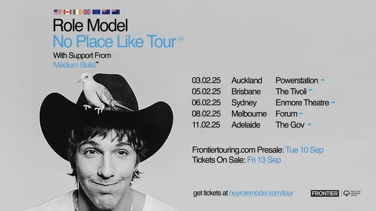 Role Model wearing a black cowboy hat against a grey background, with "No Place Like Tour" text and Australian venue dates displayed.