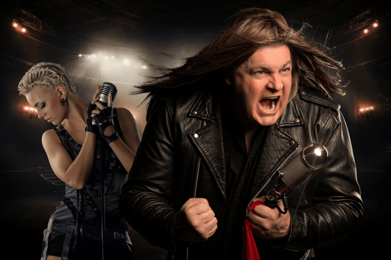 Rock musician in black leather jacket performing with dramatic stage lighting and backup vocalist.