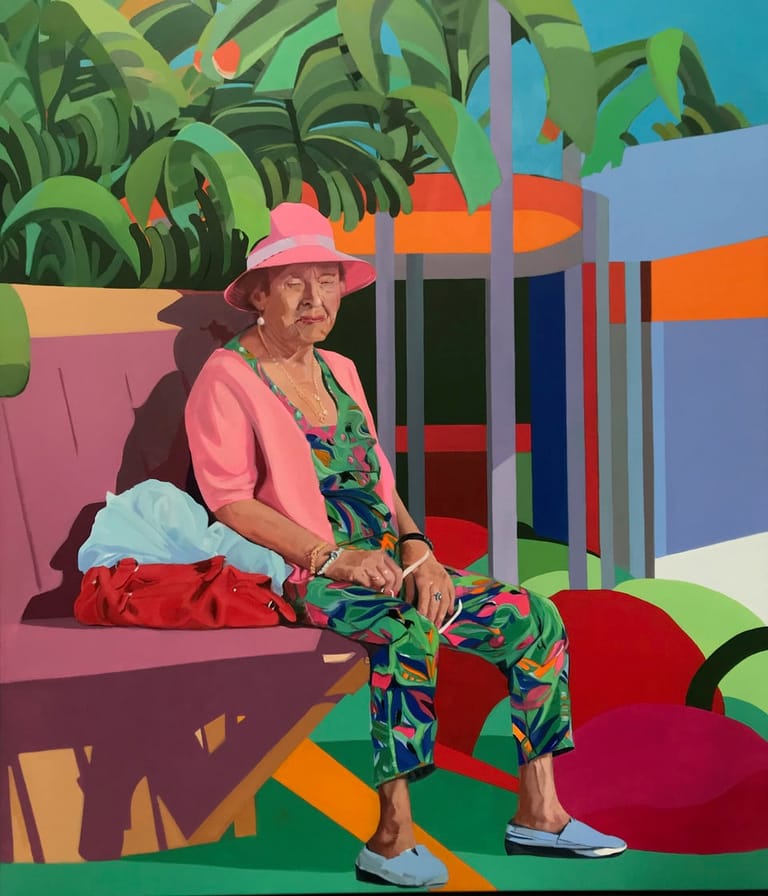 Person in pink hat and colourful patterned outfit sits on pink furniture against vibrant geometric set design.