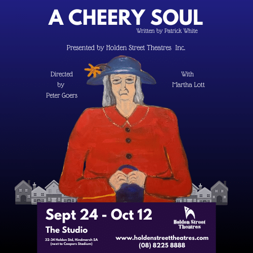 Illustration of a woman in a red coat and blue hat holding a book, with townhouses below and theatre production details above.