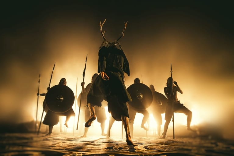 Silhouetted figures with spears and antlers backlit by golden stage lighting in dramatic formation.