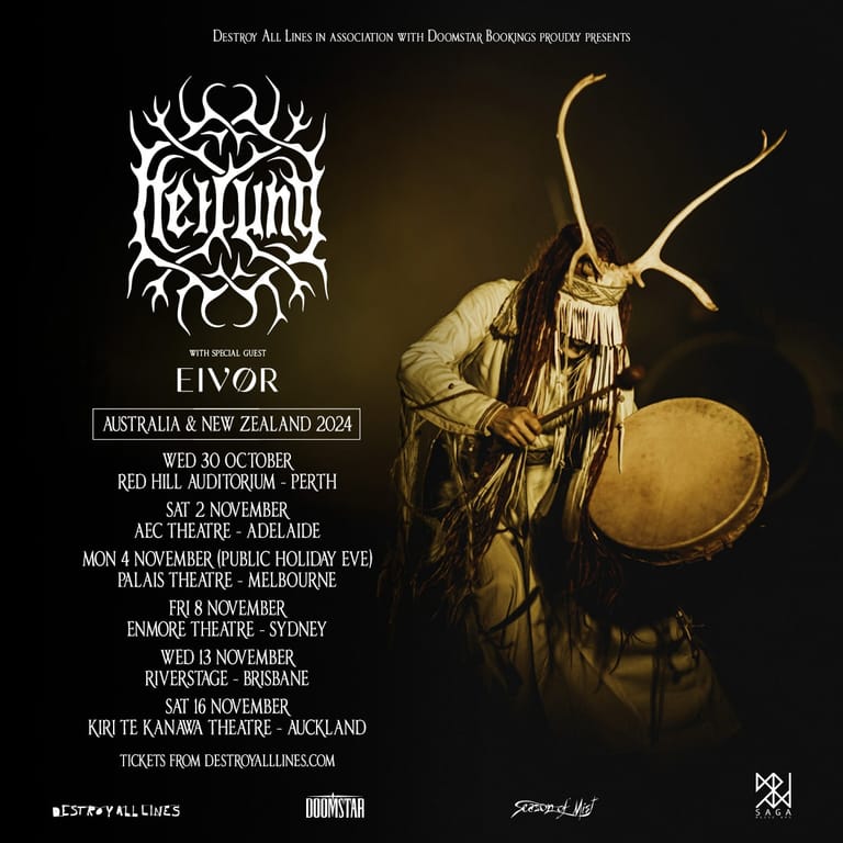 Fenrir band logo and tour dates displayed alongside a figure with long dark hair and large curved horns against a dark gold background.