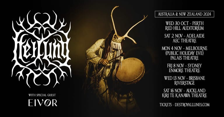 Demonic horned creature with ornate antlers looms against warm sepia tones beside tour dates and band logo.