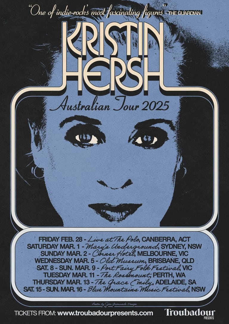 Blue-toned vintage tour poster for Kristin Hersh's Australian Tour 2025 featuring a stylised face and venue dates.