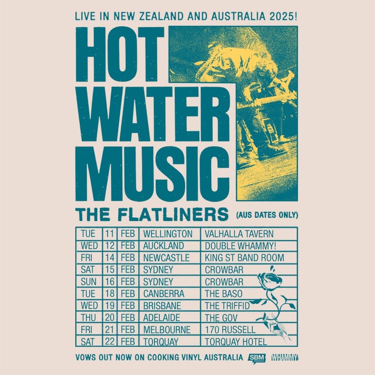 Hot Water Music tour poster featuring The Flatliners with Australian and New Zealand dates in teal and yellow design.