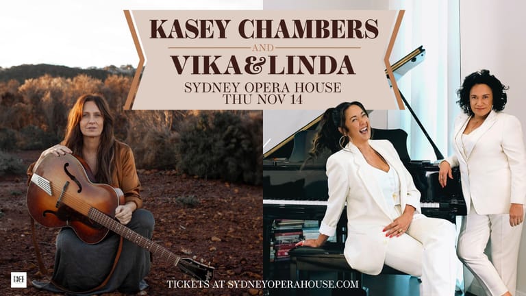 Kasey Chambers with guitar sits left beside promotional banner; two performers in white outfits pose right, Sydney Opera House visible behind.