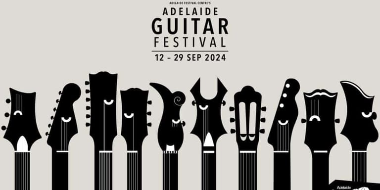Row of stylised black guitar silhouettes with fretboards against white background, Adelaide Guitar Festival 12–29 September 2024.
