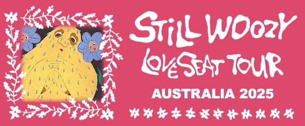 Still Woozy promotional graphic for Australian 2025 tour featuring yellow cartoon character on pink background.