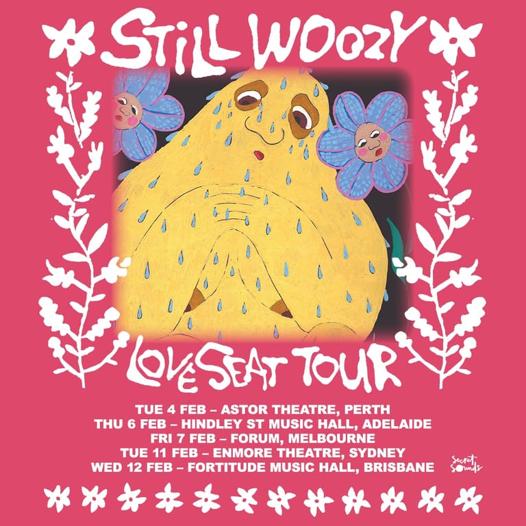 Yellow creature with blue flowers surrounded by white botanical designs on bright pink tour poster for Still Woozy.