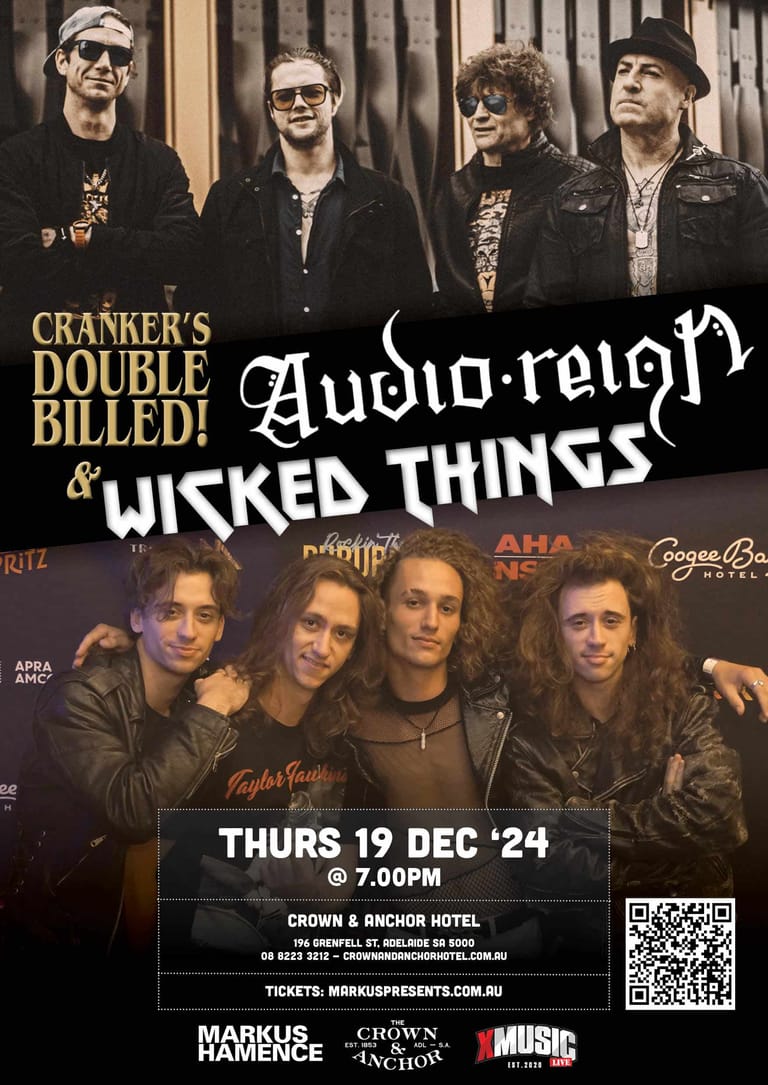 Four men in sunglasses and leather jackets stand above four long-haired musicians posing together for a double-bill concert promotion poster.