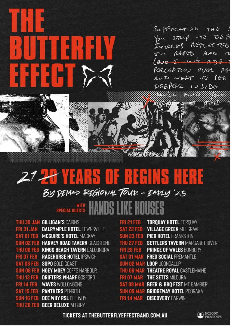 Bold red and black promotional poster for The Butterfly Effect's 27-year anniversary tour, featuring band silhouettes and handwritten text overlay.