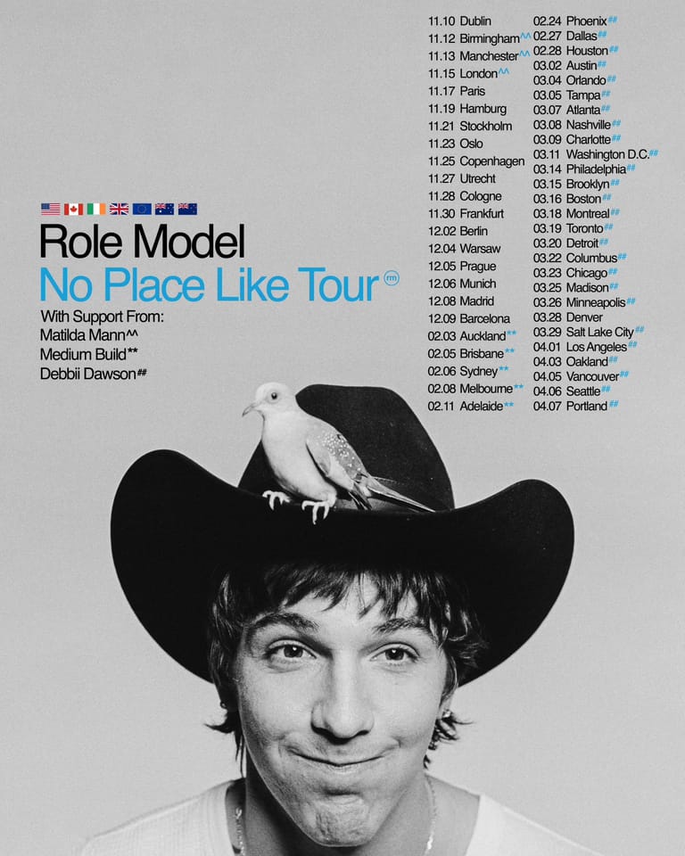 Role Model wearing a wide-brimmed black cowboy hat against a plain background, promoting the No Place Like Tour.