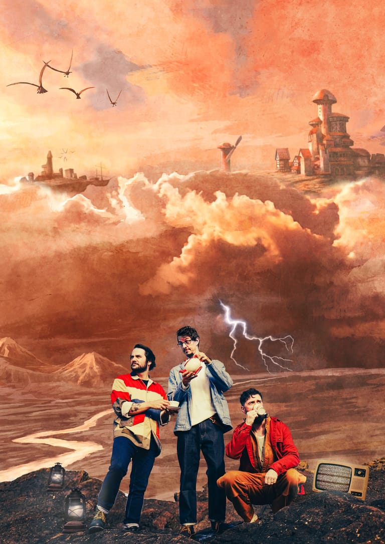 Three musicians stand before a dramatic orange sky filled with clouds, airships and birds, holding guitars.
