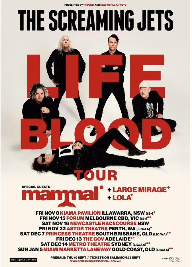 The Screaming Jets posed in black clothing around large red letters spelling "LIFE BLOOD" on a cream background, with tour dates listed below.