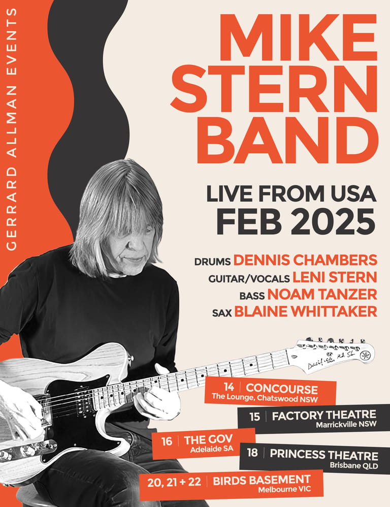 Musician with long hair playing electric bass guitar in black and white promotional poster for Mike Stern Band tour.