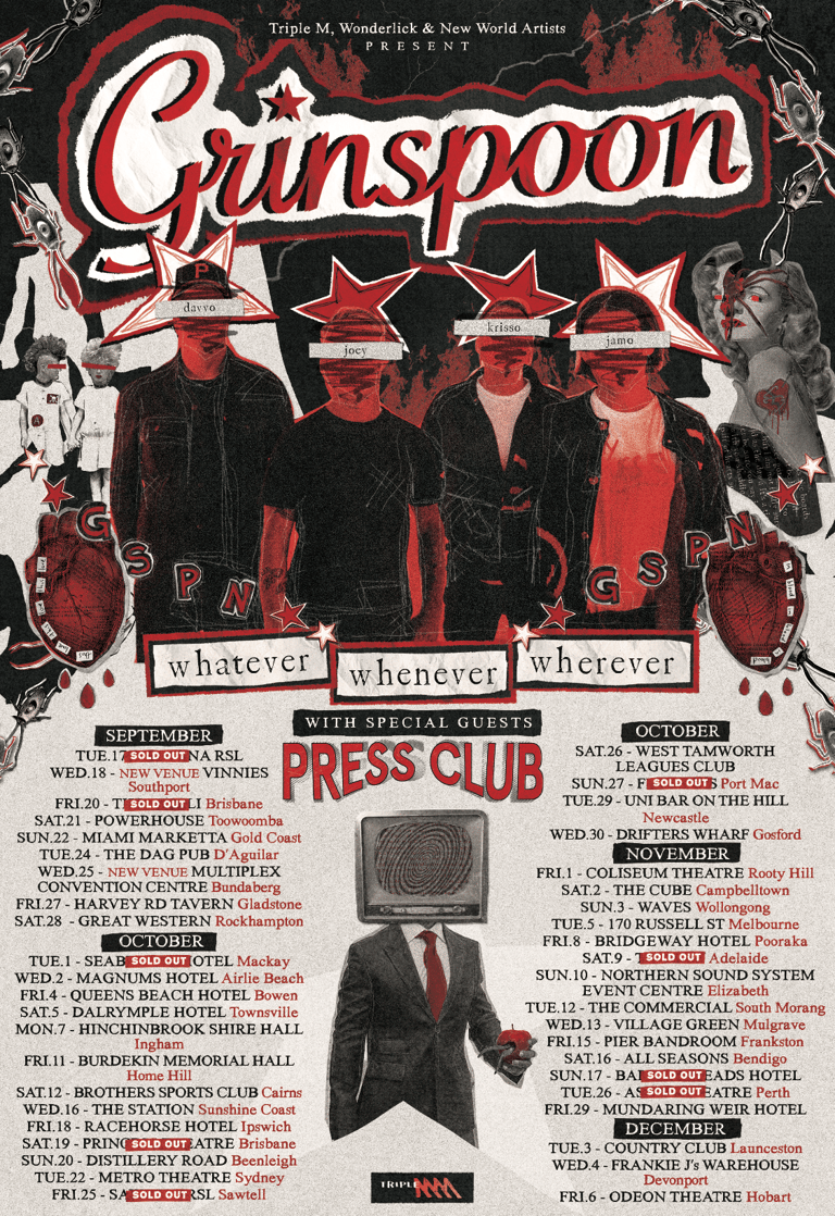 Grinspoon tour poster featuring the band in red and black styling with dates across Australian venues from September to December.