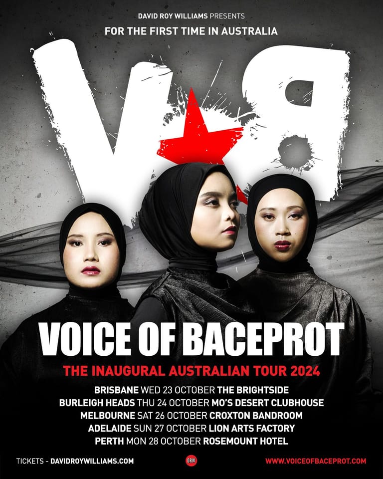 Three women in dark clothing with red lips stand beneath large white letters and a red star, promoting Voice of Bacerot's Australian tour.