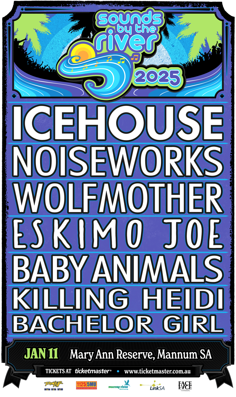 Sounds by the River 2025 festival poster featuring headliners Icehouse, Noiseworks, Wolfmother and other bands performing January 11 at Mary Ann Reserve.