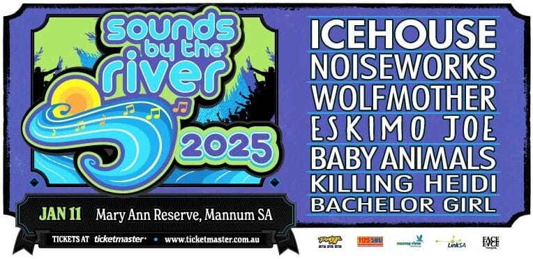 Colourful festival poster for Sounds of the River 2025 featuring programme text and sponsor logos on black banner.