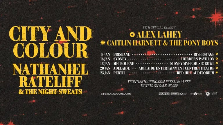 Promotional poster for City and Colour and Nathaniel Rateliff & The Night Sweats tour featuring gold text on dark background with red stars.