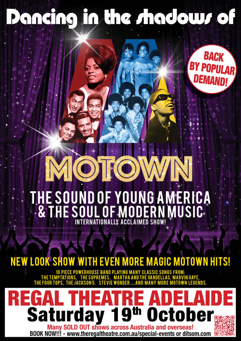 Promotional poster for Dancing in the Shadows of Motown theatre show featuring performers and purple stage lighting at Regal Theatre Adelaide.