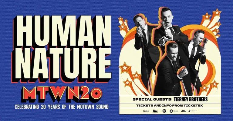 Human Nature and Terry Brothers promotional poster against blue background featuring vintage photograph and gold flame design.