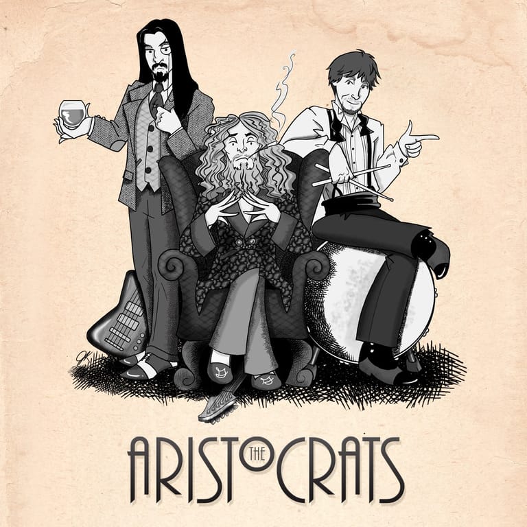 Three stylised figures in gothic attire pose together in a black and white illustration captioned "Aristocrats".