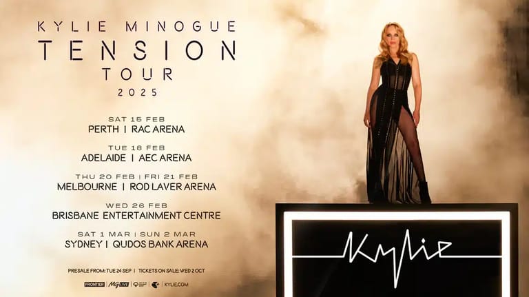 Performer in flowing black gown stands against golden-lit backdrop for Tension Tour 2025 promotional artwork.